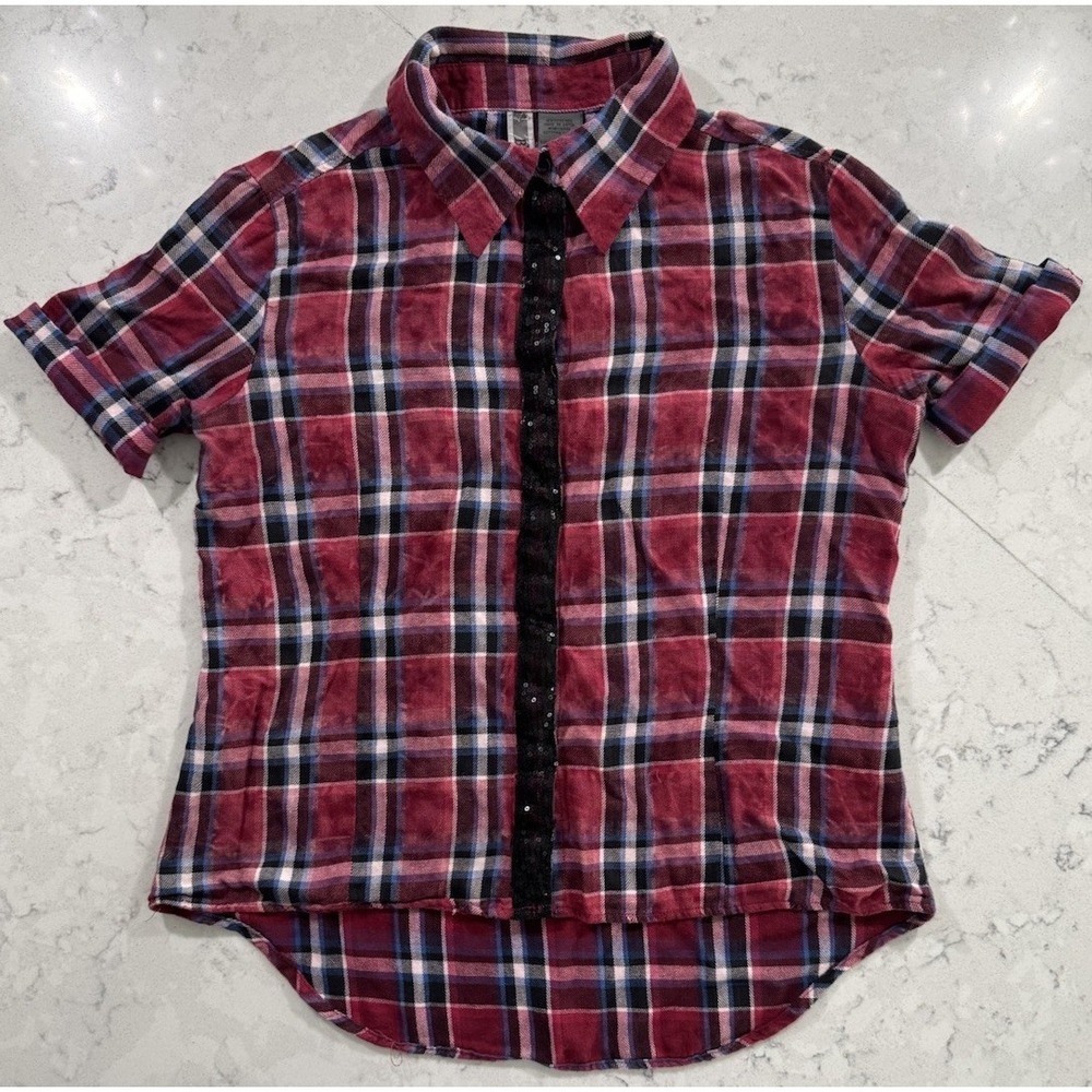 BKE Shirt Womens Small Red Plaid Cotton Snap Front Short Sleeve Western Cowgirl